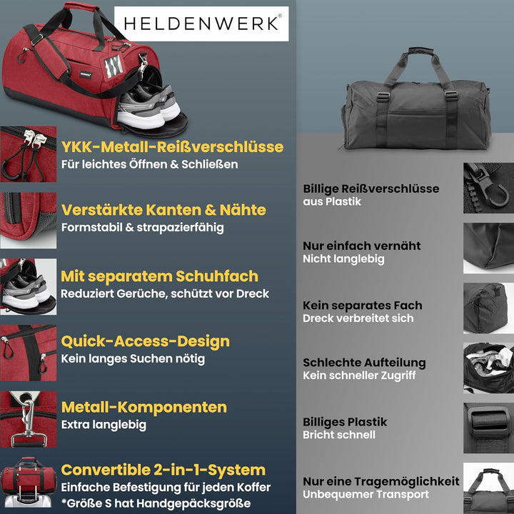 Heldenwerk® Sporttasche & Reisetasche für Damen und Herren klein I Trainingstasche mit Schuhfach und