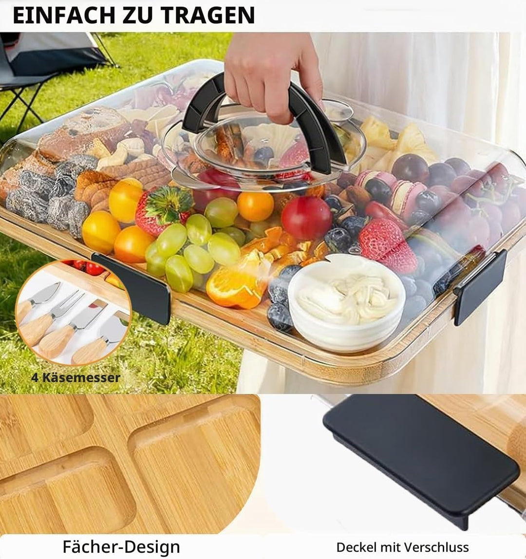ERNAN Käsebrett mit Deckel für Partys Reisen, Servierplatte mit Fächern Griff für Snacks Fleisch Des
