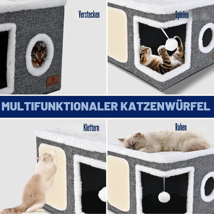 Katzenbetten für Indoor-Katzen, überdachtes Katzenhöhlenbett mit Kratzunterlage und flauschigem Ball