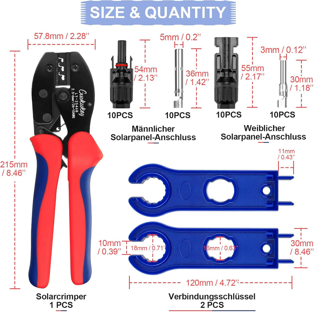 Solar Crimpzange Werkzeug Set für 2.5/4/6mm² PV Kabel,10 Paar Kabelstecker, 10 Paar Männlich/Weiblic