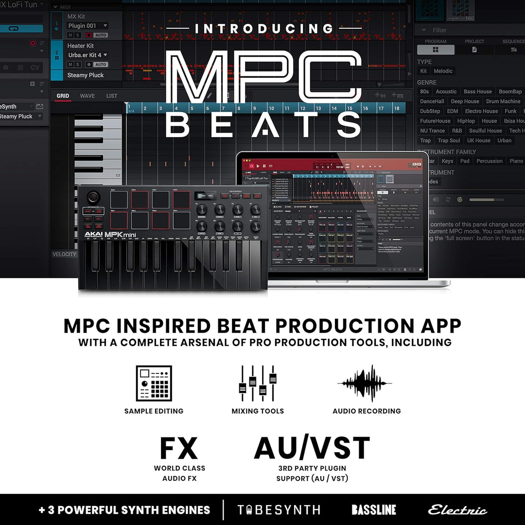 AKAI Professional Midi Controller + Sustain Pedal Bundle - MPK Mini MK3 Black USB-MIDI-Keyboard Cont