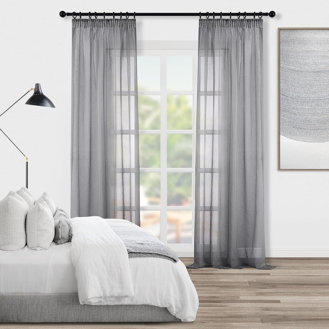 Topfinel Gardinen mit Kräuselband Grau Vorhänge Halbtransparent Voile Gardine Wohnzimmer Modern 140x