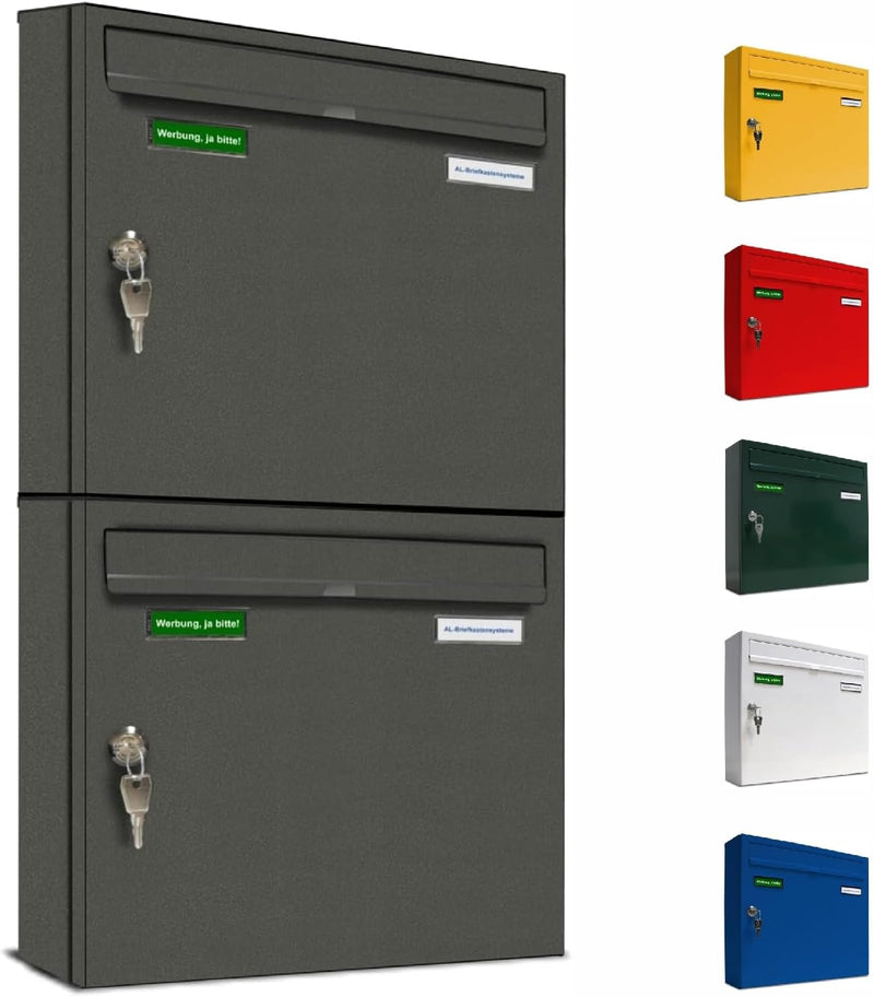 AL Briefkastensysteme Basic 2er Briefkasten DB 703 Eisenglimmer Grau 2 Fach DIN A4 wetterfest Briefk