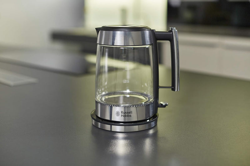 Russell Hobbs Wasserkocher Glas Design [1,7l, 2200W] Elegance - polierten Edelstahl-Applikationen (b