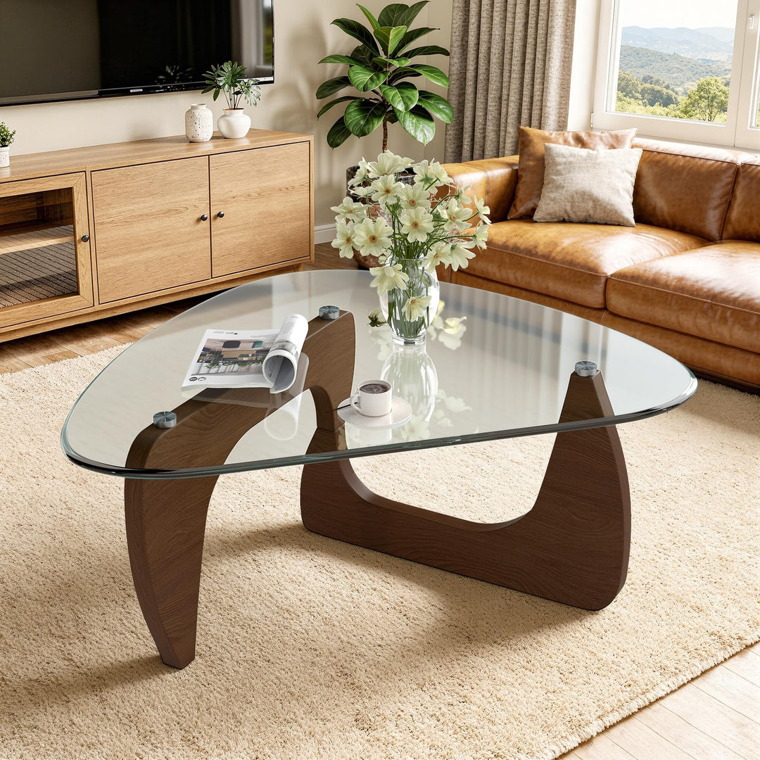 Dreieckiger Beistelltisch, Couchtisch Glas Transparent, Grosser Wohnzimmertisch Mid-Century, MDF Hol
