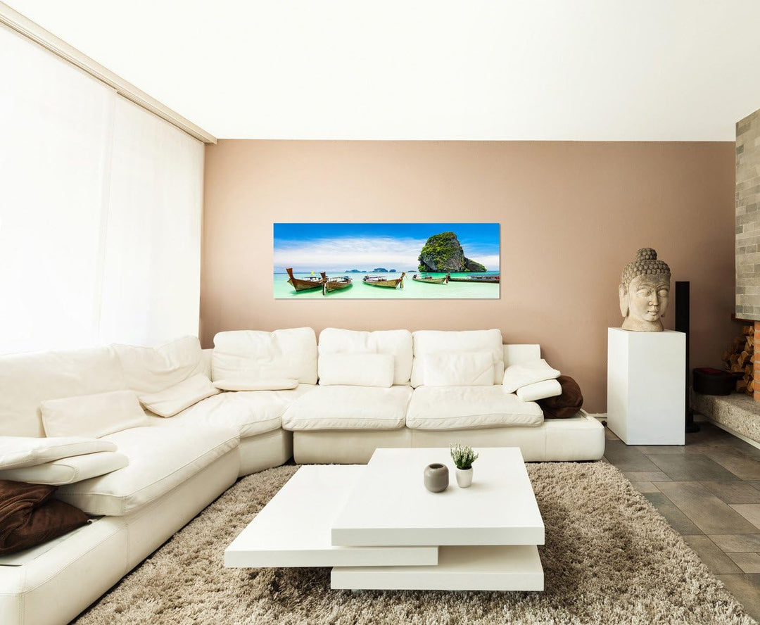 Paul Sinus Art Panoramabild auf Leinwand und Keilrahmen 120x40cm Thailand Fels Strand Meer Boote