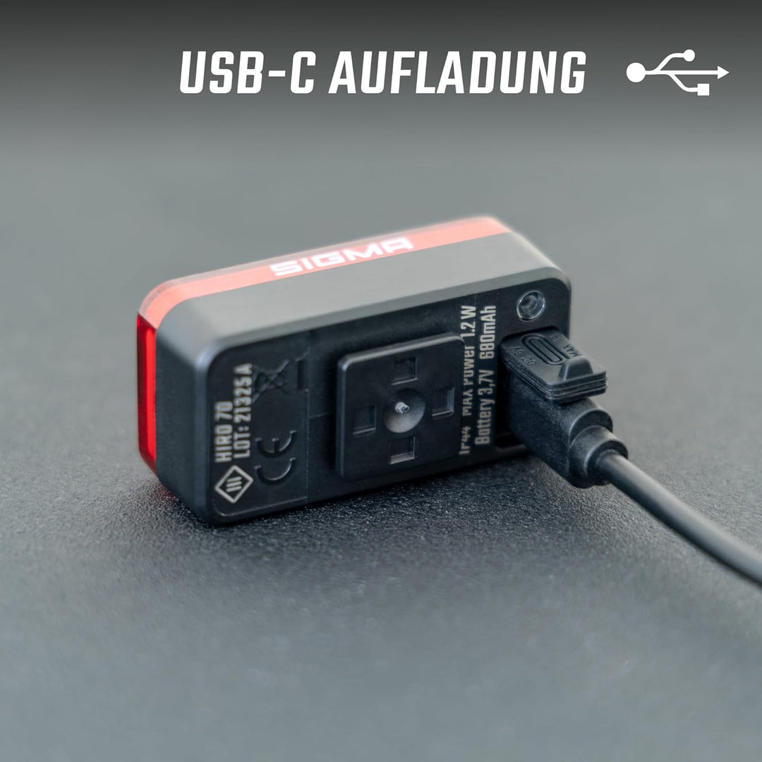SIGMA HIRO 70 | StVZO zugelassenes COB-Fahrradrücklicht inkl. Bremslicht & Notfall-Bremslicht | USB-