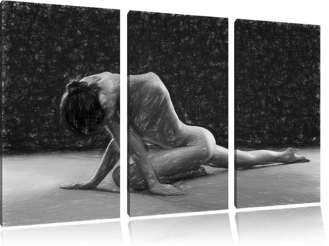 Pixxprint Schöne sexy Frau Macht Yoga Kunst Buntstift Effekt 3-Teiler Leinwandbild 120x80 Bild auf L