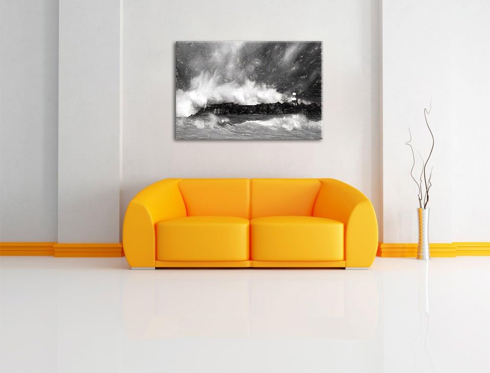 Pixxprint Tobendes Meer mit Leuchtturm als Leinwandbild/Grösse: 100x70 cm/Wandbild/Kunstdruck/fertig