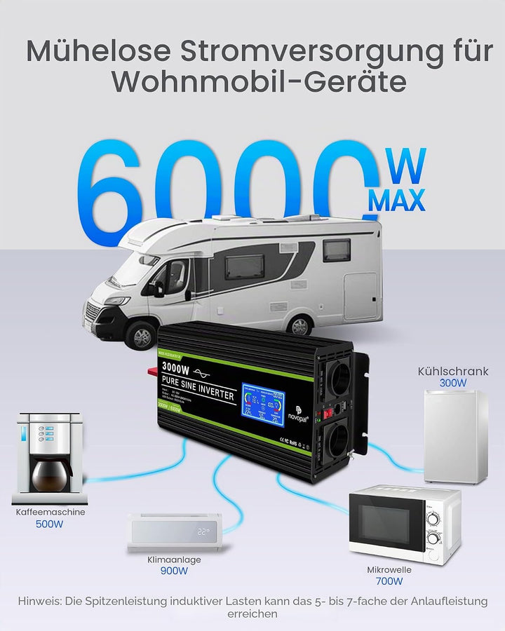 NOVOPAL 3000W Kfz Wechselrichter Spannungswandler 12v 230v Reiner Sinus mit LCD-Display und USB-Ansc