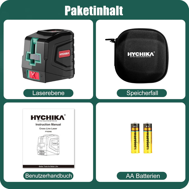 HYCHIKA Kreuzlinienlaser Grün, Horizontaler und Vertikaler Laser-Wasserwaage, Linienlaser inkl. Trag