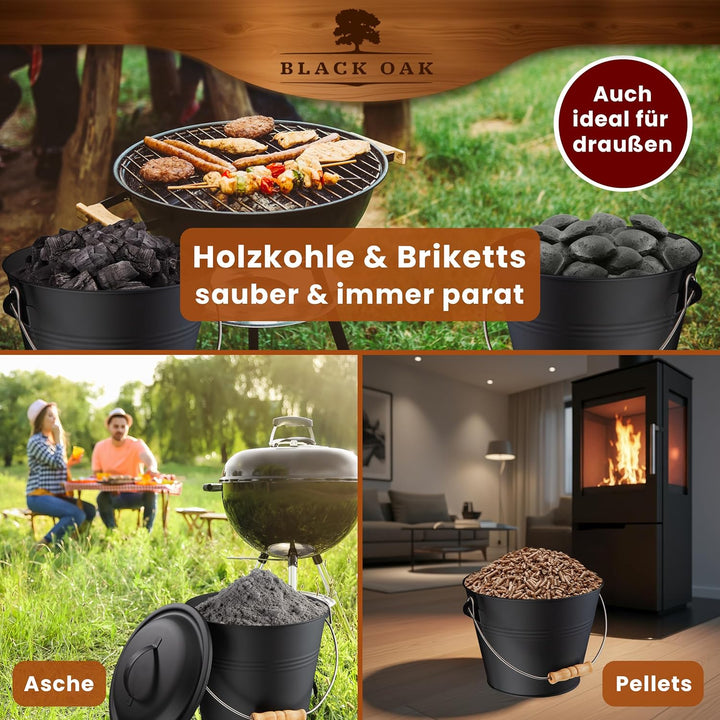 BLACK OAK Ascheeimer PITON 5L - schwarz mit Deckel mit Holz-Griff + Feger + Schaufel & Handschuhen -
