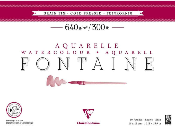 Clairefontaine 96359C Aquarellblock Fontaine (feinkörnig, 100% Hadern, 640g, 10 Blatt, hohe Reissfes