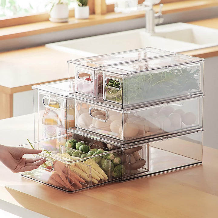 MineSign Stapelbare Kühlschrank-Schubladen-Ausziehbehälter mit Griffen, 3 Stück, gross, transparent,