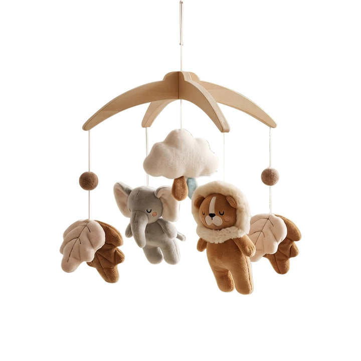 Safari Dschungel Plüsch Baby Mobile,Elefant Löwe und Blätter Holz Handgemachte Windspiel für Babybet