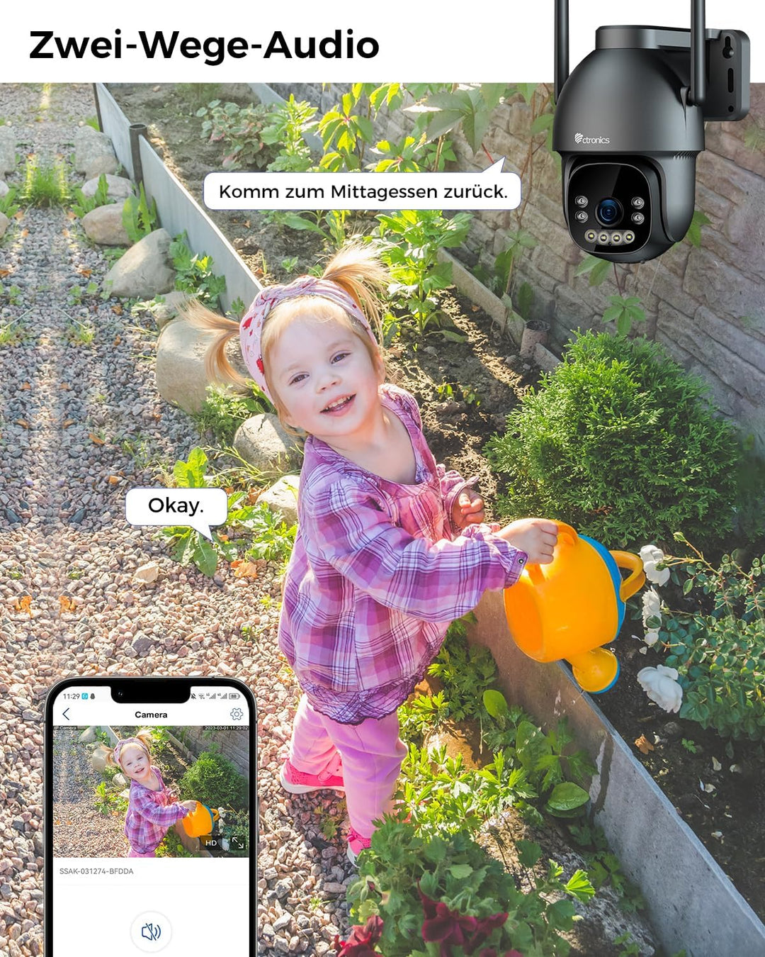 Ctronics 4K WLAN Überwachungskamera für den Aussenbereich, PTZ-Kamera mit 8MP Farbnachtsicht, 2,4/5G