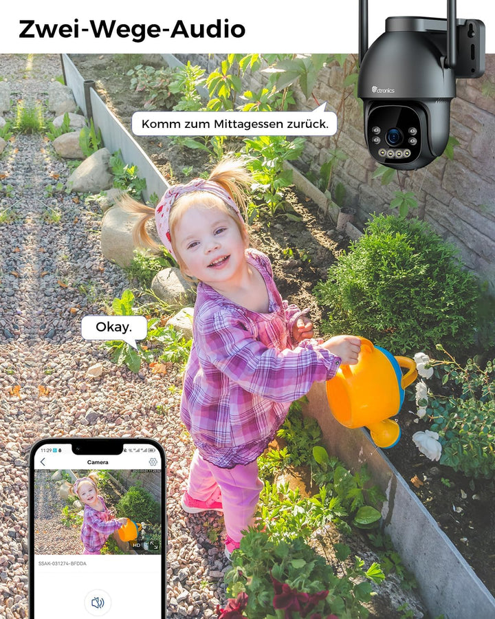 Ctronics 4K WLAN Überwachungskamera für den Aussenbereich, PTZ-Kamera mit 8MP Farbnachtsicht, 2,4/5G
