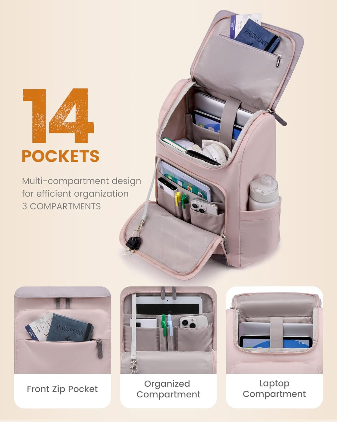 LOVEVOOK Rucksack Damen, 15,6 Zoll Laptop Schulrucksack Teenager Rosa Grau 15.6", Rosa Grau 15.6"