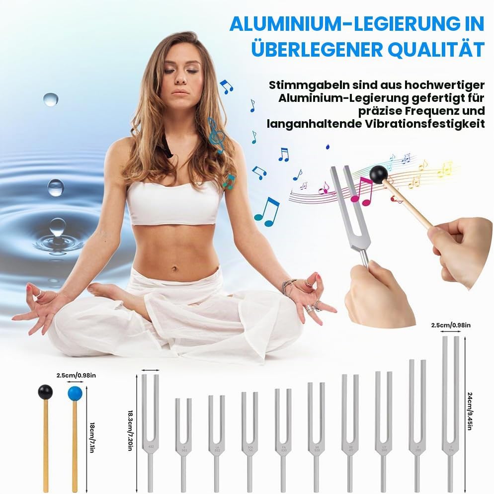 Stimmgabel,Stimmgabel Neurologie, 10er Set mit Sockel + 2 Silikonhämmer und Reinigungstücher, Ideale