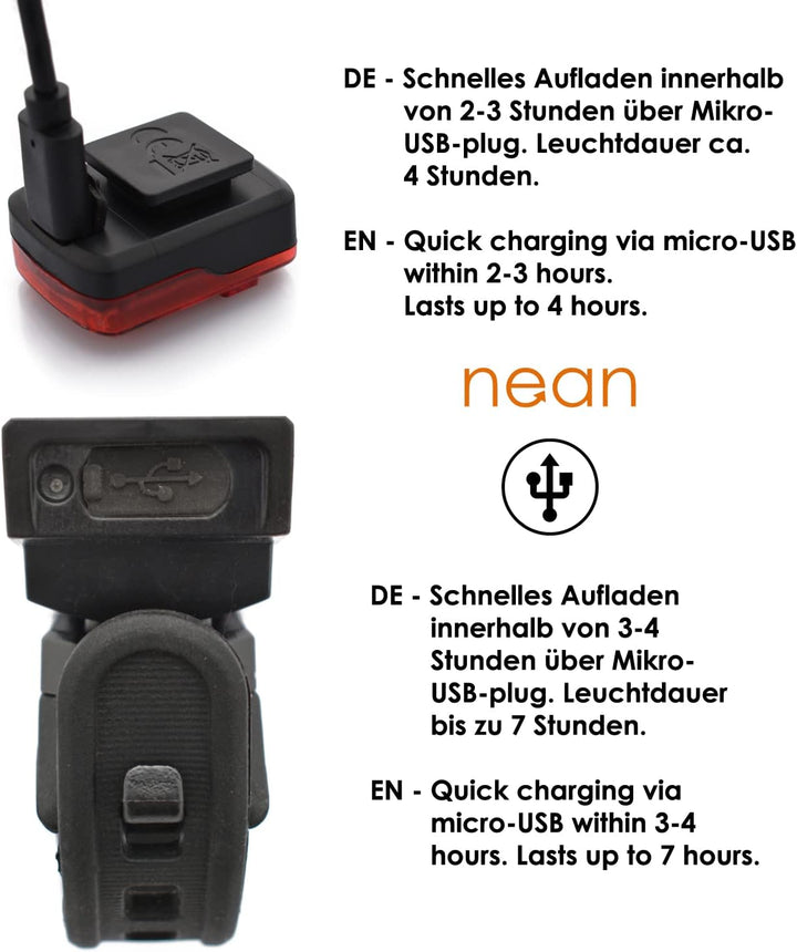 nean LED Akku Fahrradlicht Beleuchtungsset mit StVZO, 30 LUX 5 Candela, Fahrradlampe, Fahrrad Frontl