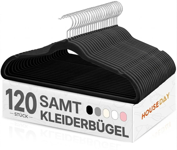 HOUSE DAY Schwarzer Kleiderbügel 120 Stück, Samt Kleiderbügel Rutschfester Filz Bügel -Platzsparende