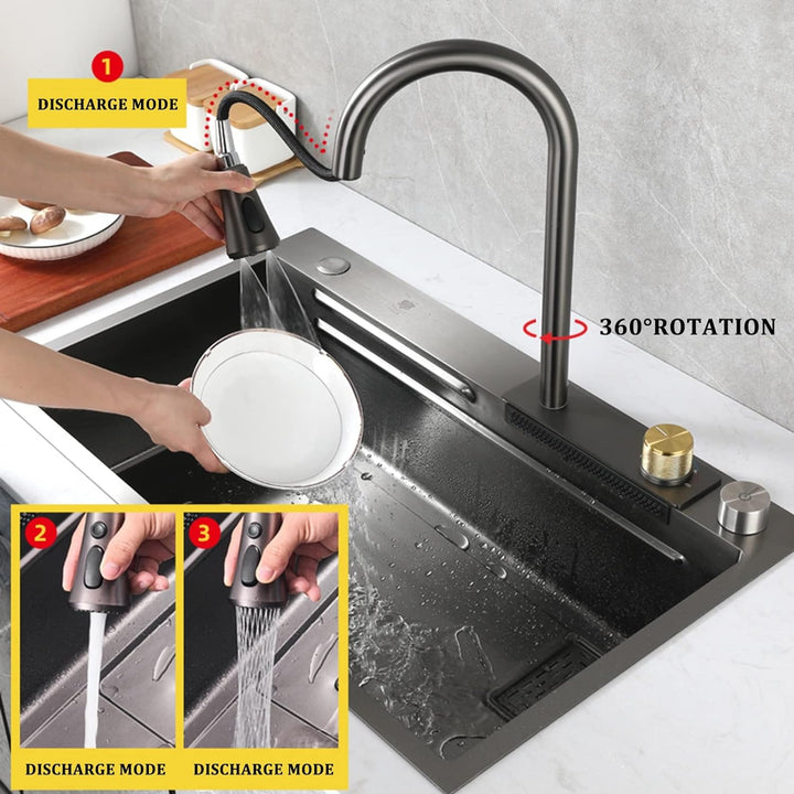 Schwarze Nano Single Bowl Küchenspüle 304 Edelstahl Wasserfall Bar Spüle Mehrzweck Handgefertigte Sp