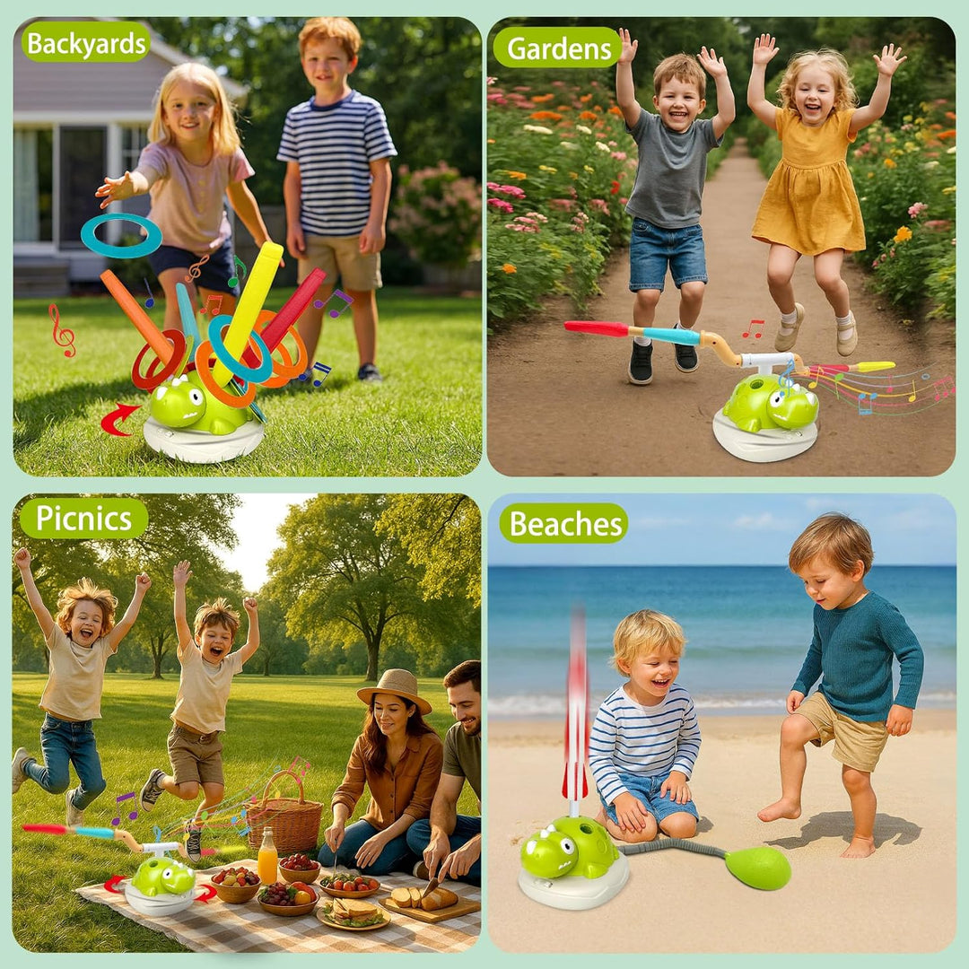 3 in 1 Outdoor Spiele für Kinder, Outdoor Spielzeug mit Ringwurfspiel &amp; Rakete Spielzeug &amp; Seilsprin