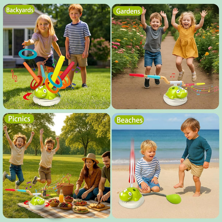 3 in 1 Outdoor Spiele für Kinder, Outdoor Spielzeug mit Ringwurfspiel &amp; Rakete Spielzeug &amp; Seilsprin