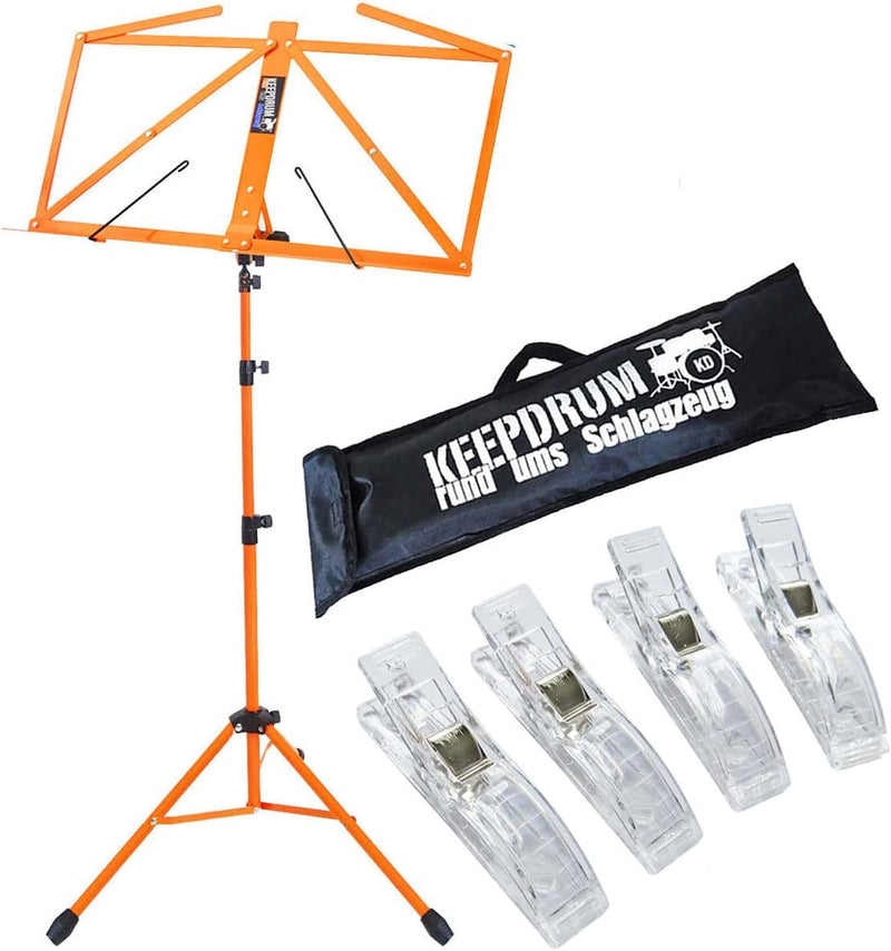 keepdrum MUS3OR Notenständer Orange + Tasche + 4 Stück Clip Notenklammer