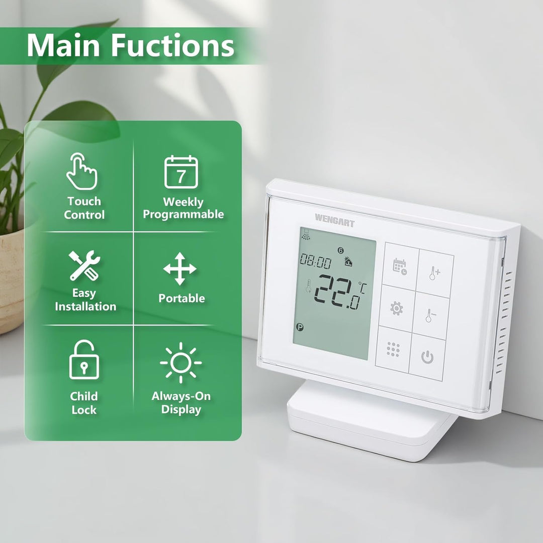 Wengart Wireless Thermostat WG010RF,Batteriebetrieben mit Empfänger,Wöchentliche Programmierung,Kein