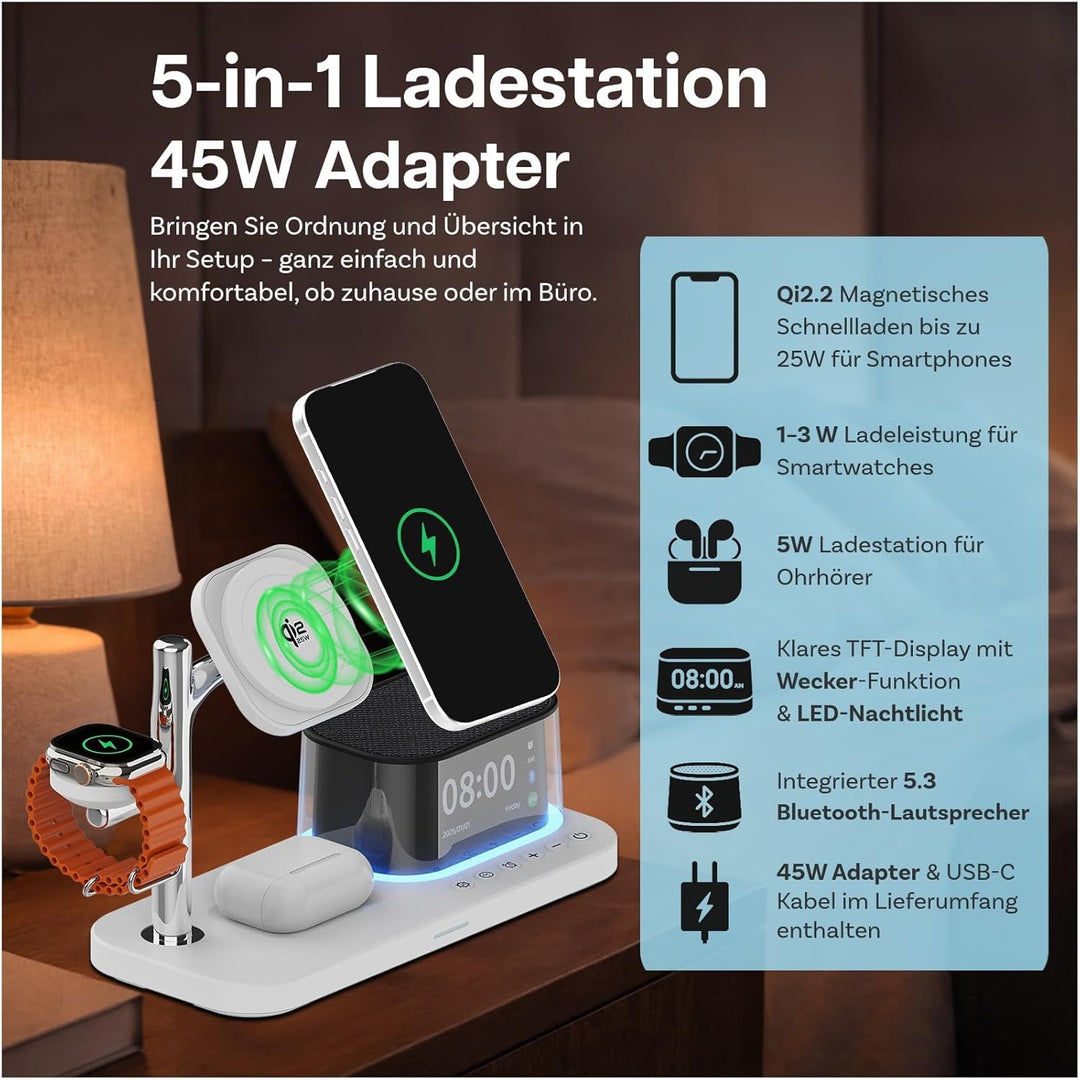 Kabellose Ladestation 5-in-1 mit Wecker, Bluetooth-Lautsprecher & LED-Nachtlicht für MagSafe von MMO
