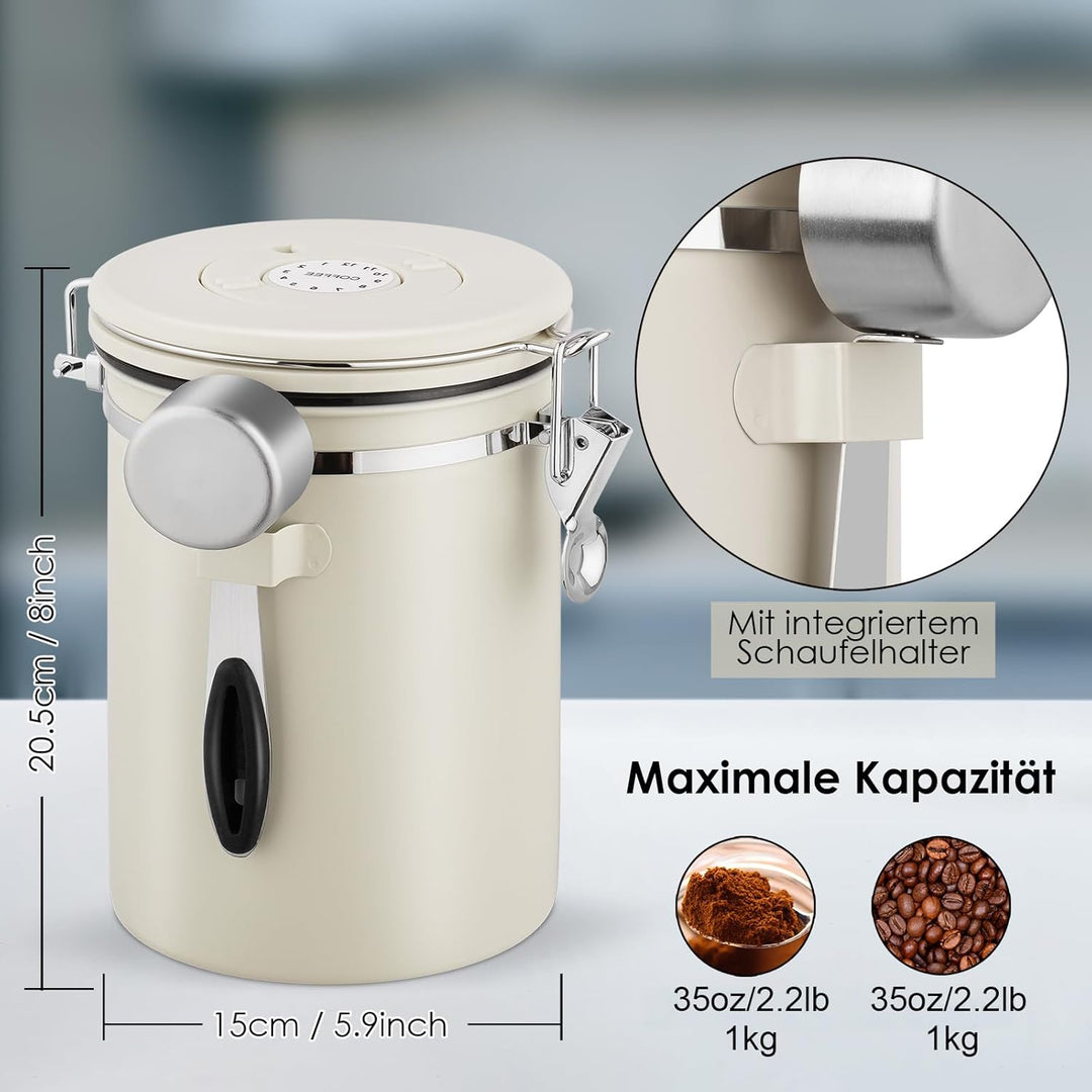 Kaffeedose Luftdicht 1kg Bohnen, 2,8 L Kaffeebohnen Behälter Mit EdelstahllöFfel Und Zeiterfassungsa