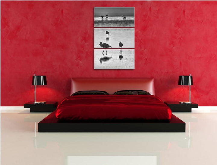 Pixxprint Störche im Wasser als Leinwandbild | Grösse: 3 Teilig (120x80) | Wandbild| Kunstdruck | fe