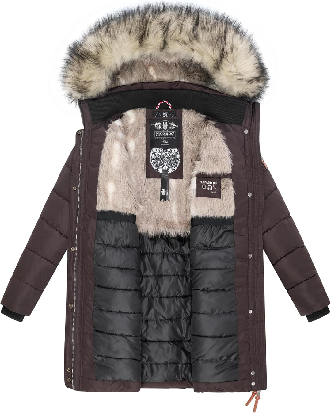 Navahoo Damen Wintermantel warmer Steppmantel lang mit abnehmbarer Kunstfell-Kapuze Paula XS-5XL S C