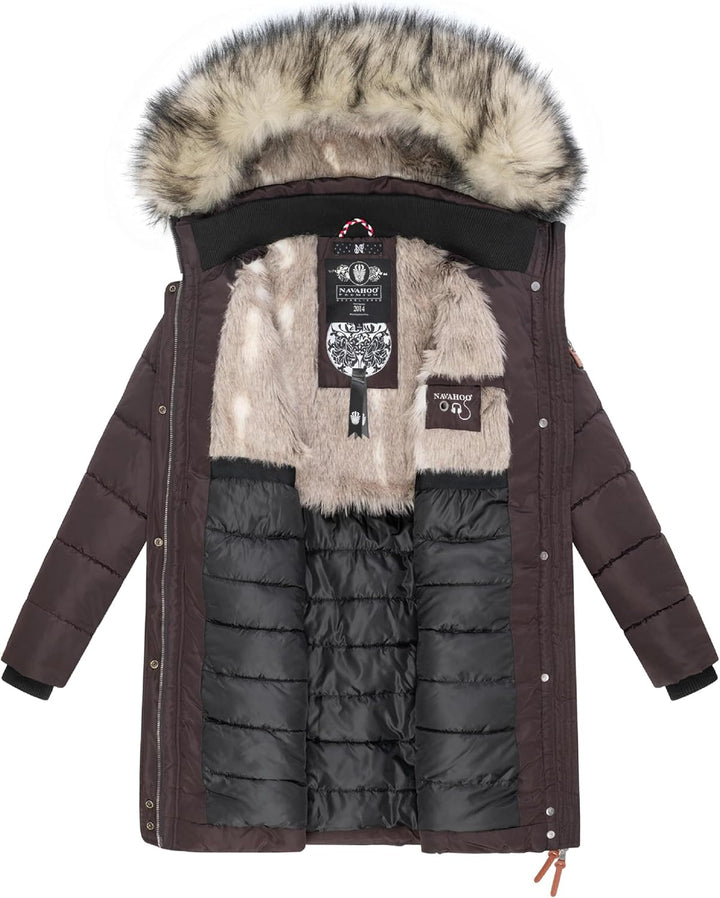 Navahoo Damen Wintermantel warmer Steppmantel lang mit abnehmbarer Kunstfell-Kapuze Paula XS-5XL S C