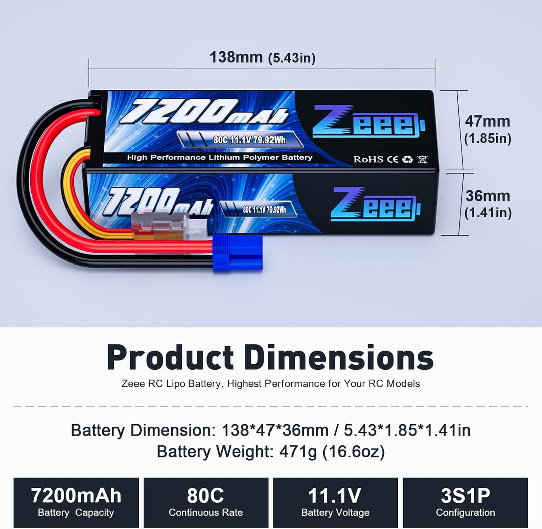 Zeee 3S Lipo Akku 11,1V 80C 7200mAh Hardcase Batterie mit EC5 Stecker für RC Car RC Truck RC Auto Bo