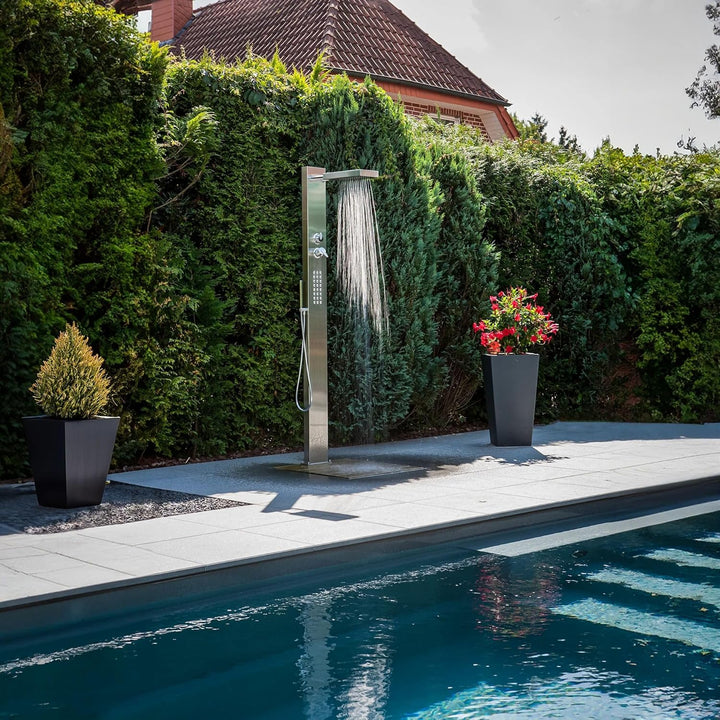 POOL Total IDEAL Kalt- und Warmwasserdusche ELBA mit Edelstahlfront Edelstahl V2A gebürstet | WPC Bo