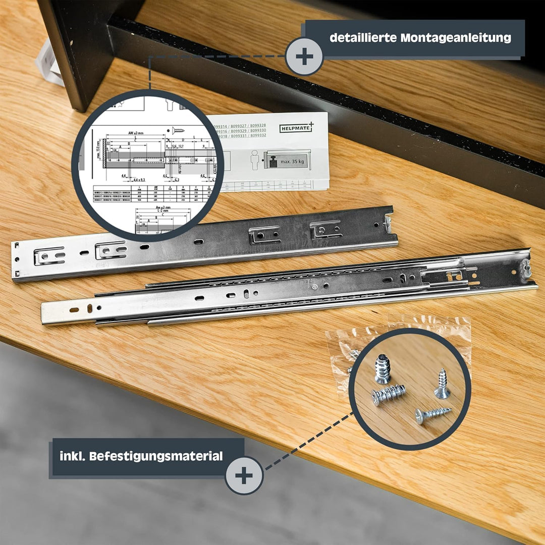 HELPMATE Schubladenschienen push-to-open Vollauszug 500 mm 1 Paar 2er Set Kugelvollauszüge Schublade