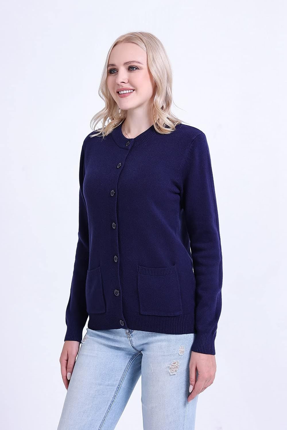 SMILING PINKER Damen Strickjacke Langarm Cardigan Warm Rundhals Strickweste Jacke mit Knopfleiste un
