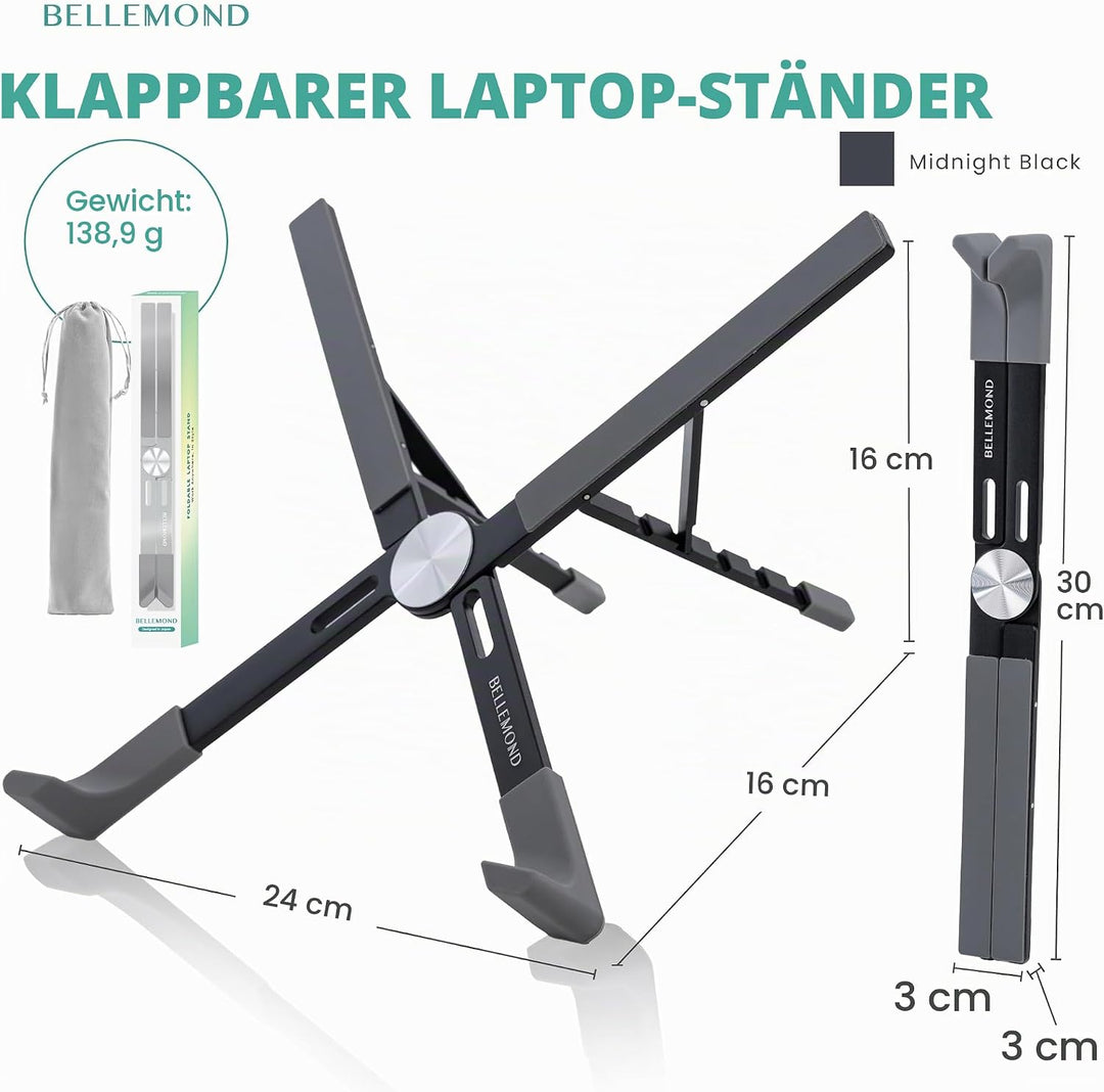 BELLEMOND | X-Form Laptop-Ständer – Höhenverstellbarer Aluminium-Riser mit 5 Stufen, faltbar &amp; leich