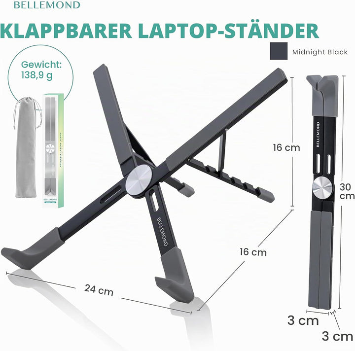BELLEMOND | X-Form Laptop-Ständer – Höhenverstellbarer Aluminium-Riser mit 5 Stufen, faltbar &amp; leich