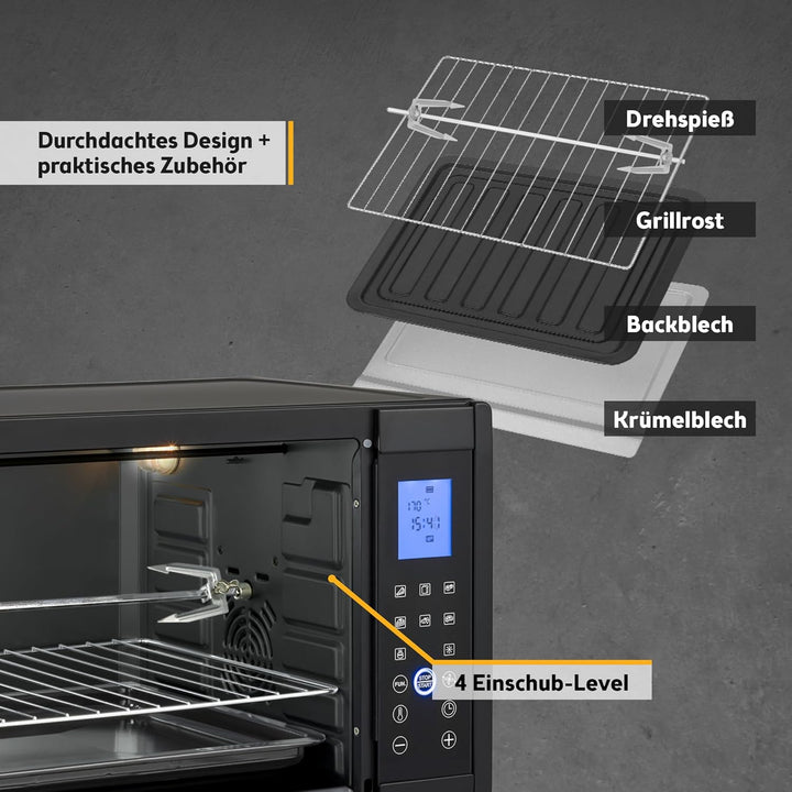 TZS First Austria Minibackofen, 45L, 2000 Watt, Digitalanzeige, kompakter Elektroofen für den Tischg