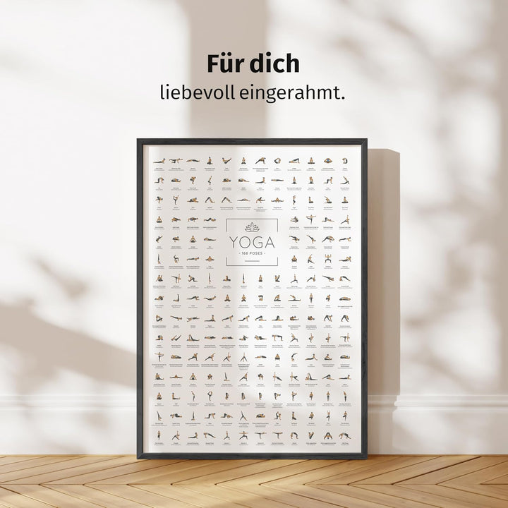 JUNOMI® Yoga Poster DIN A2 mit Rahmen Schwarz, Yoga Zubehör für Studios und Übungen Zuhause, perfekt