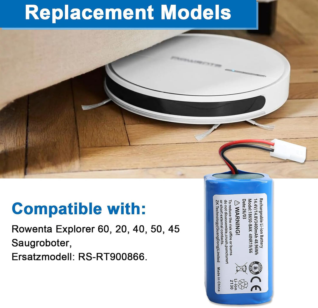 14,4V 3400mAh Lithium-Ionen-Akku Kompatibel mit Rowenta Explorer 60, 20, 40, 50, 45 Saugroboter