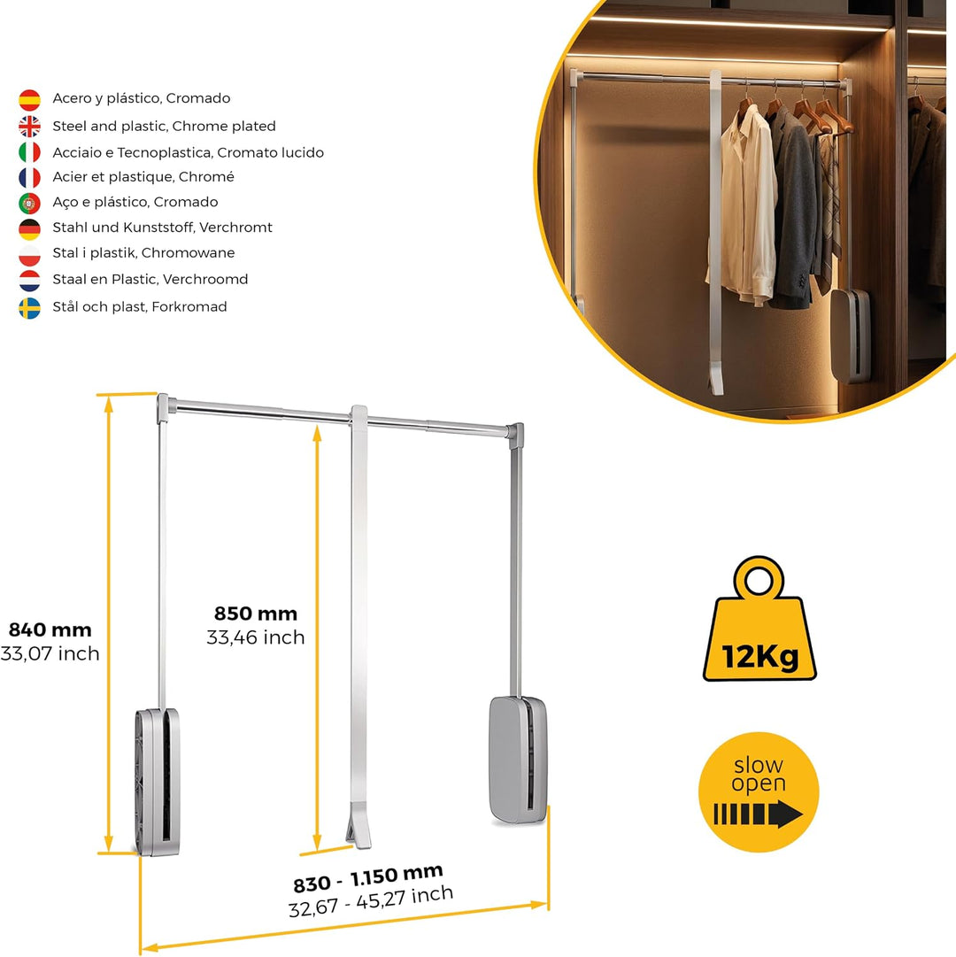 Emuca - Kleiderlift für Schrankbreite, kleiderschranklift, 830-1150mm breite regulierbar, Verchromt