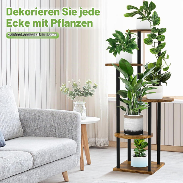 YOCOMEY 5 Tier Hölzern Blumenregal Metall Pflanzenregal, Mehrstöckig Blumenständer Pflanzenständer B