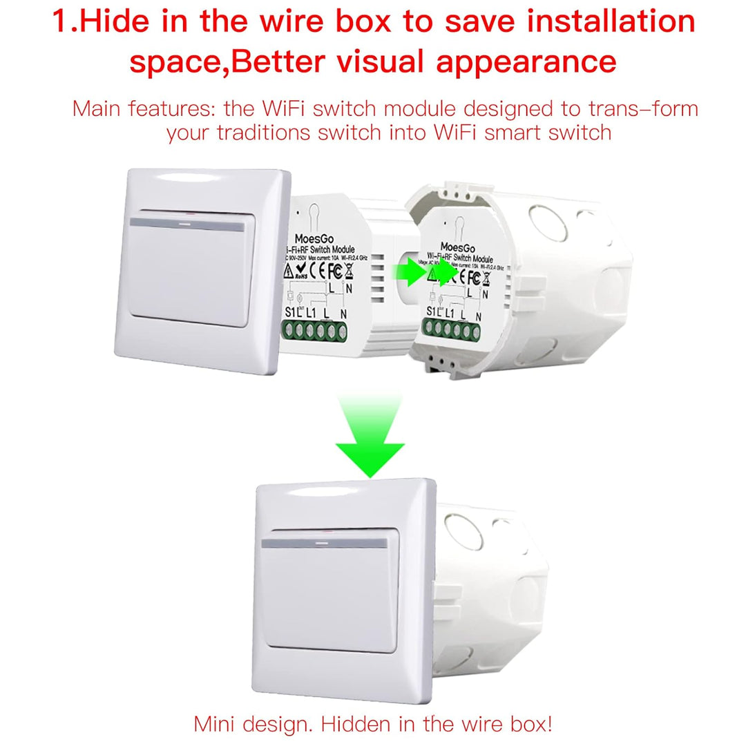 MoesGo Wlan 2.4GHz Smart Alexa Lichtschalter Unterputz Funk Relais, Wireless RF433 Light Switch Modu