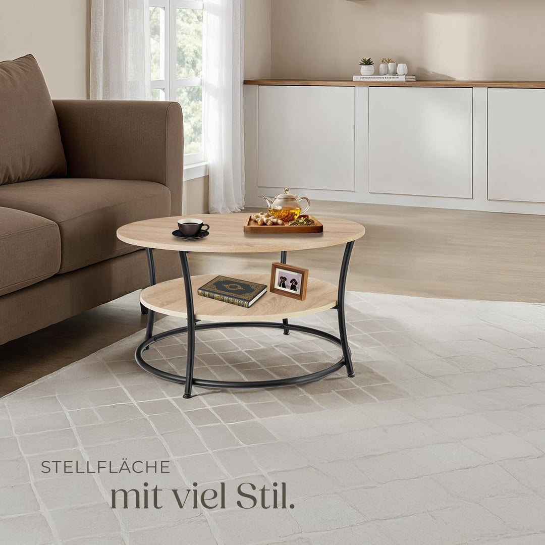 tectake® Tisch rund, 2 Ablagen, Wohnzimmertisch Ø 80, Couchtisch mit Stauraum, Beistelltisch Holz un