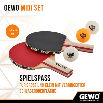 GEWO Midi Schlägerset - Tischtennisschläger-Set mit Zwei kleineren Schlägern und DREI Bällen - 2 Sch