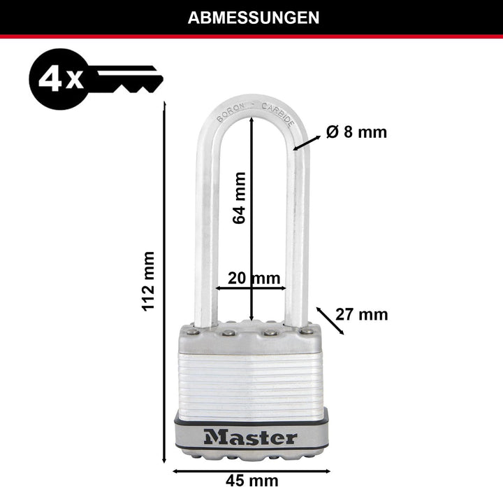 MASTER LOCK M1EURDLJ Excell Vorhängeschloss 45mm lamellierter Stahl - Bügel 64mm Extra Lang Bügel +
